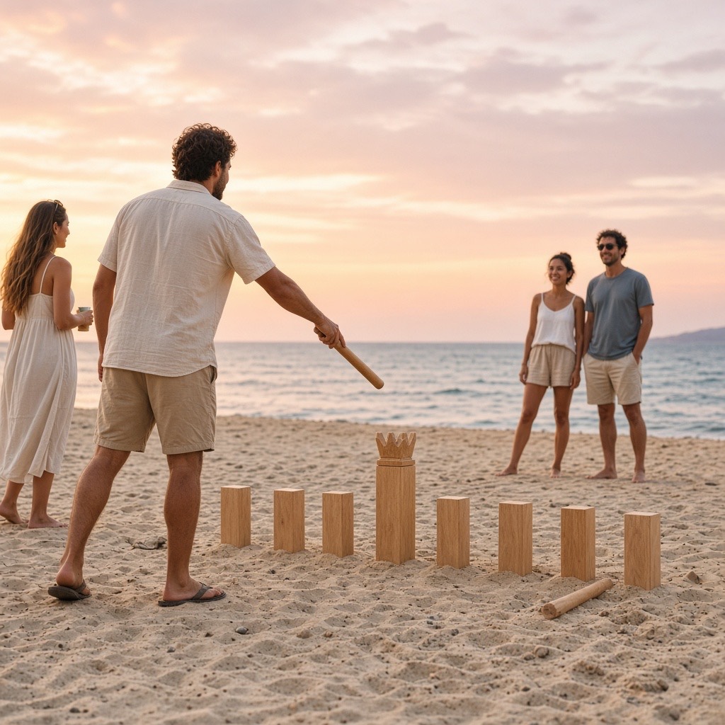 Friends playing Kubb on a sandy beach at sunset