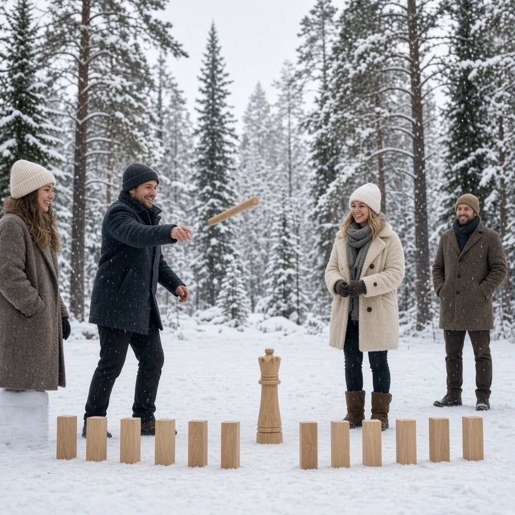 Friends in winter coats playing Kubb in the snow among pine trees