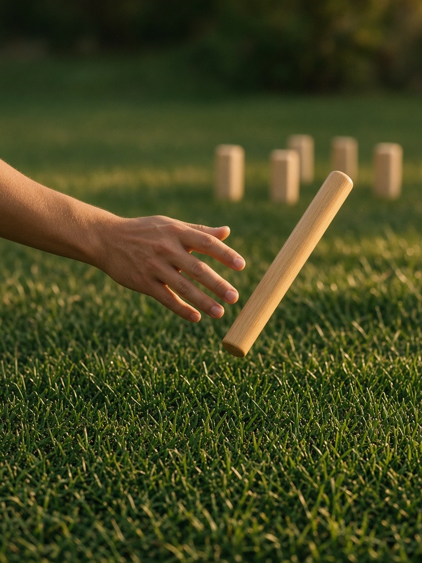 A hand releasing a wooden baton underhand toward kubbs standing on a lawn